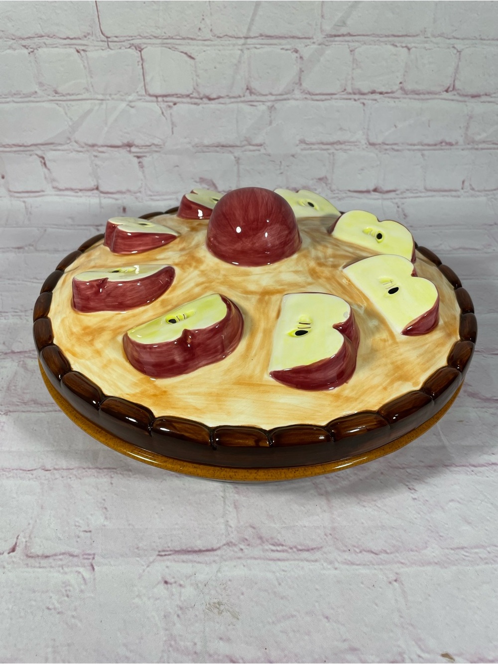 Vintage Apple Pie Keep Round Ceramic Dish With Cover Handpainted